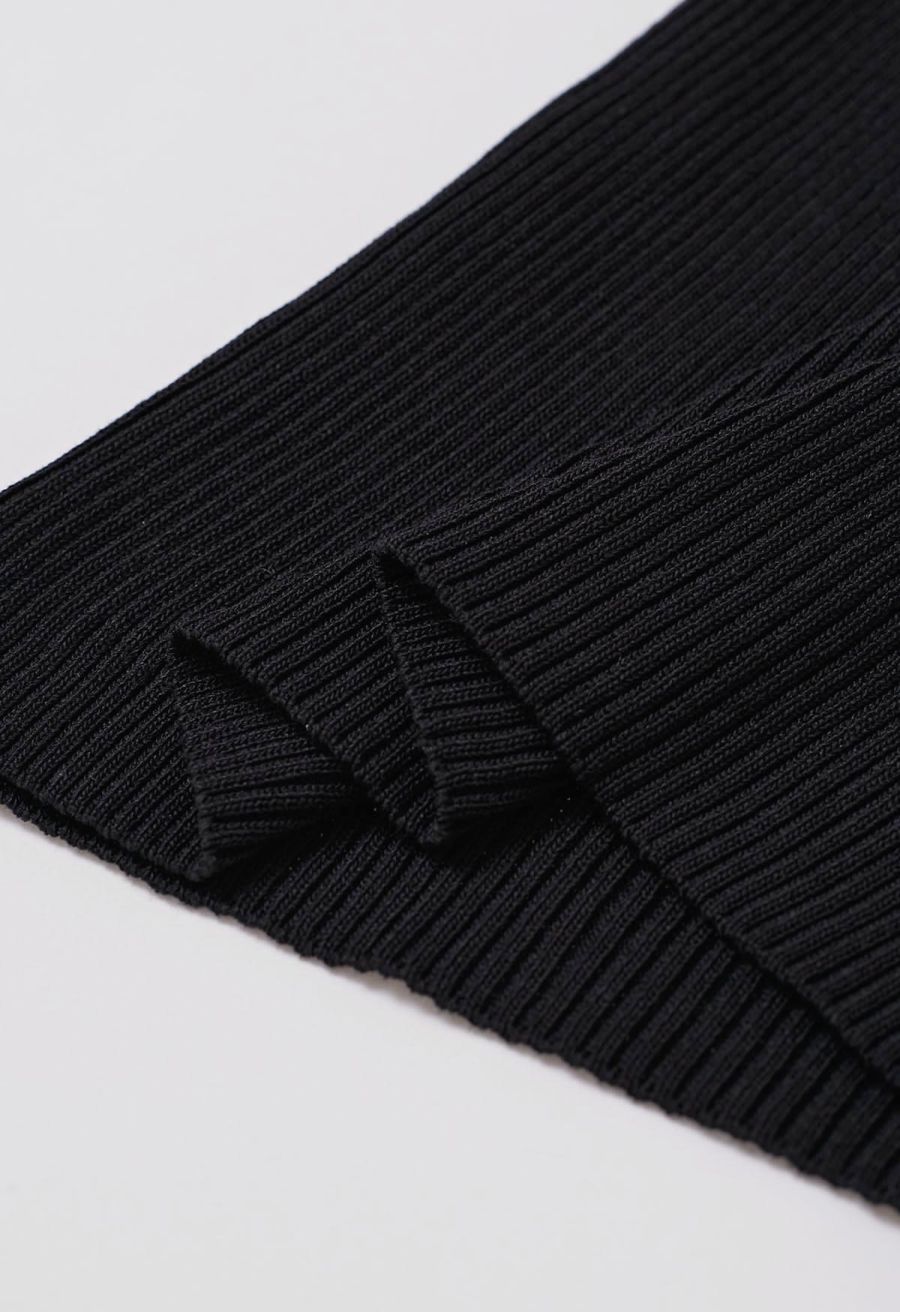 Crisscross Halter Neck Ribbed Knit Top in Black
