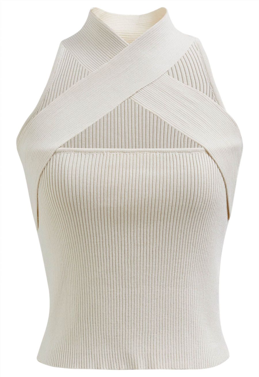 Crisscross Halter Neck Ribbed Knit Top in Cream