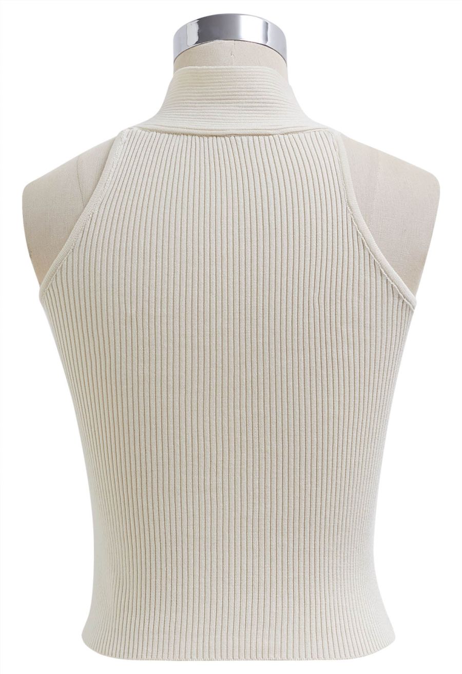 Crisscross Halter Neck Ribbed Knit Top in Cream