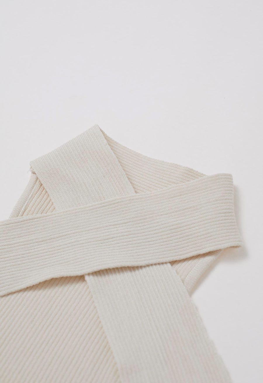 Crisscross Halter Neck Ribbed Knit Top in Cream