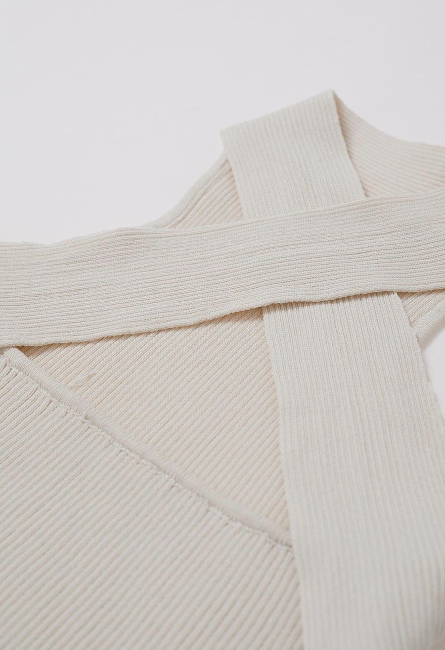 Crisscross Halter Neck Ribbed Knit Top in Cream
