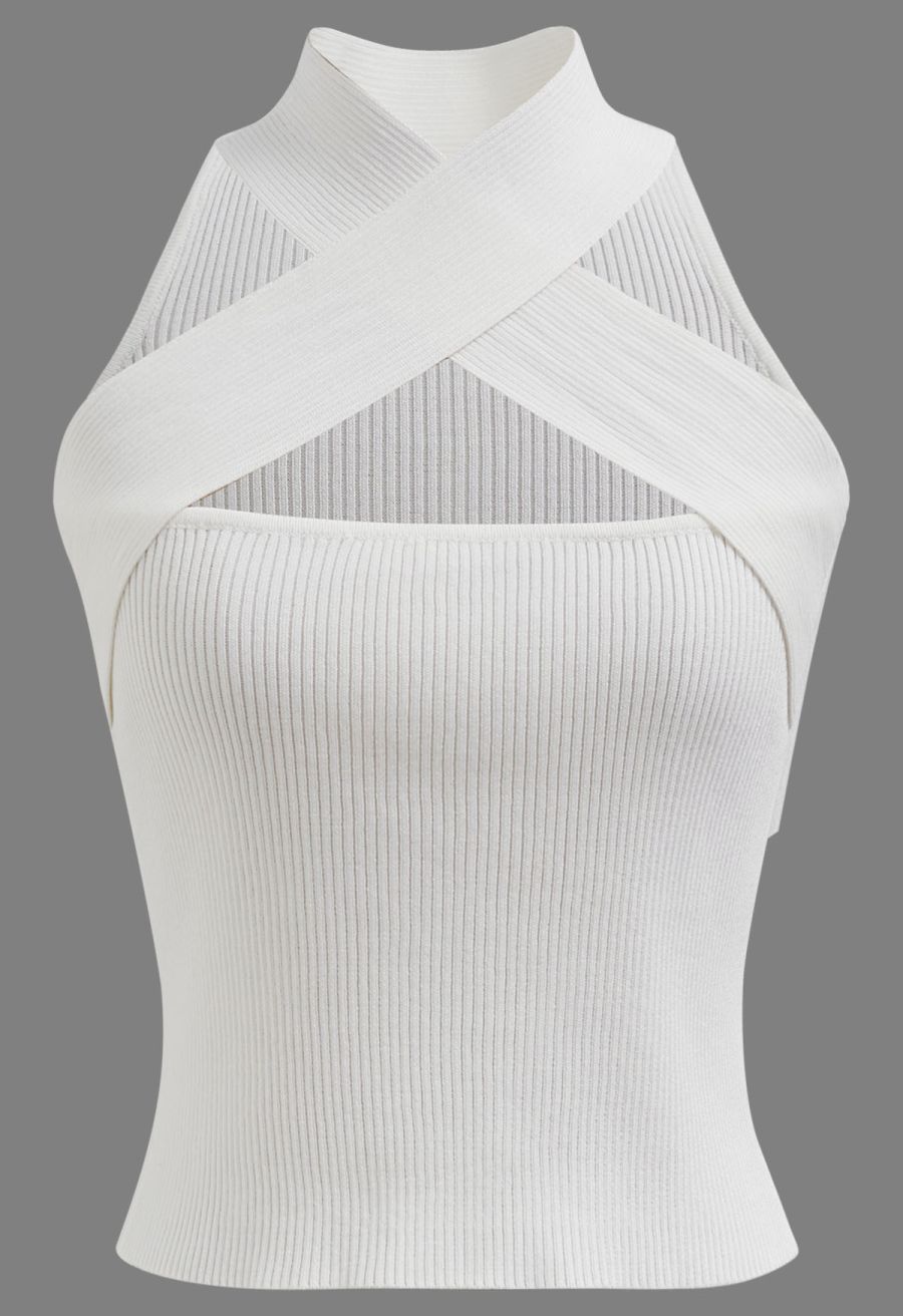 Crisscross Halter Neck Ribbed Knit Top in White