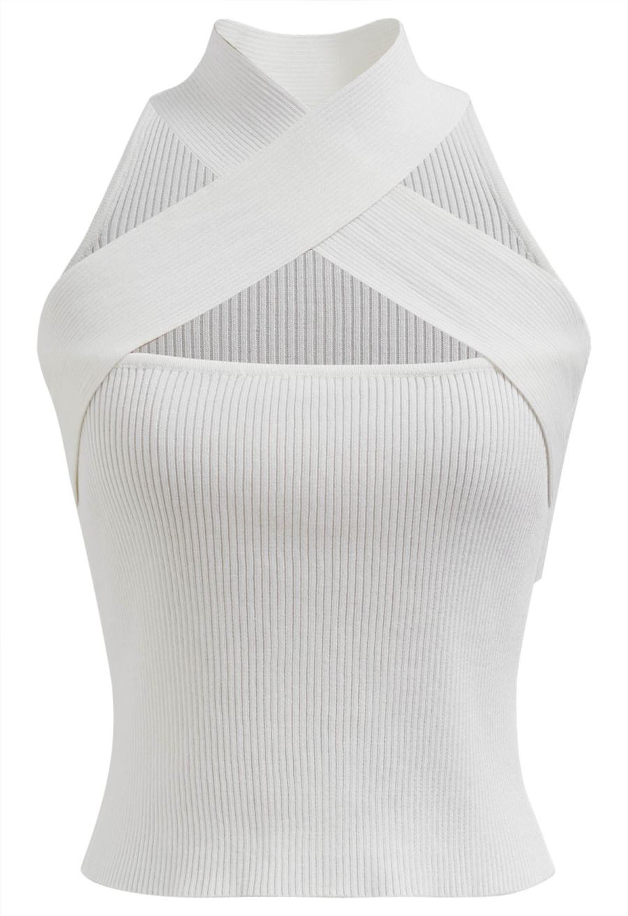 Crisscross Halter Neck Ribbed Knit Top in White