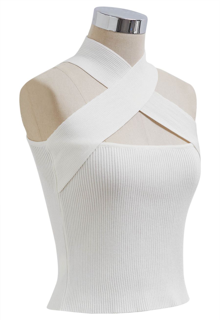 Crisscross Halter Neck Ribbed Knit Top in White