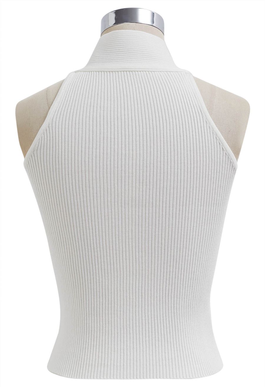 Crisscross Halter Neck Ribbed Knit Top in White