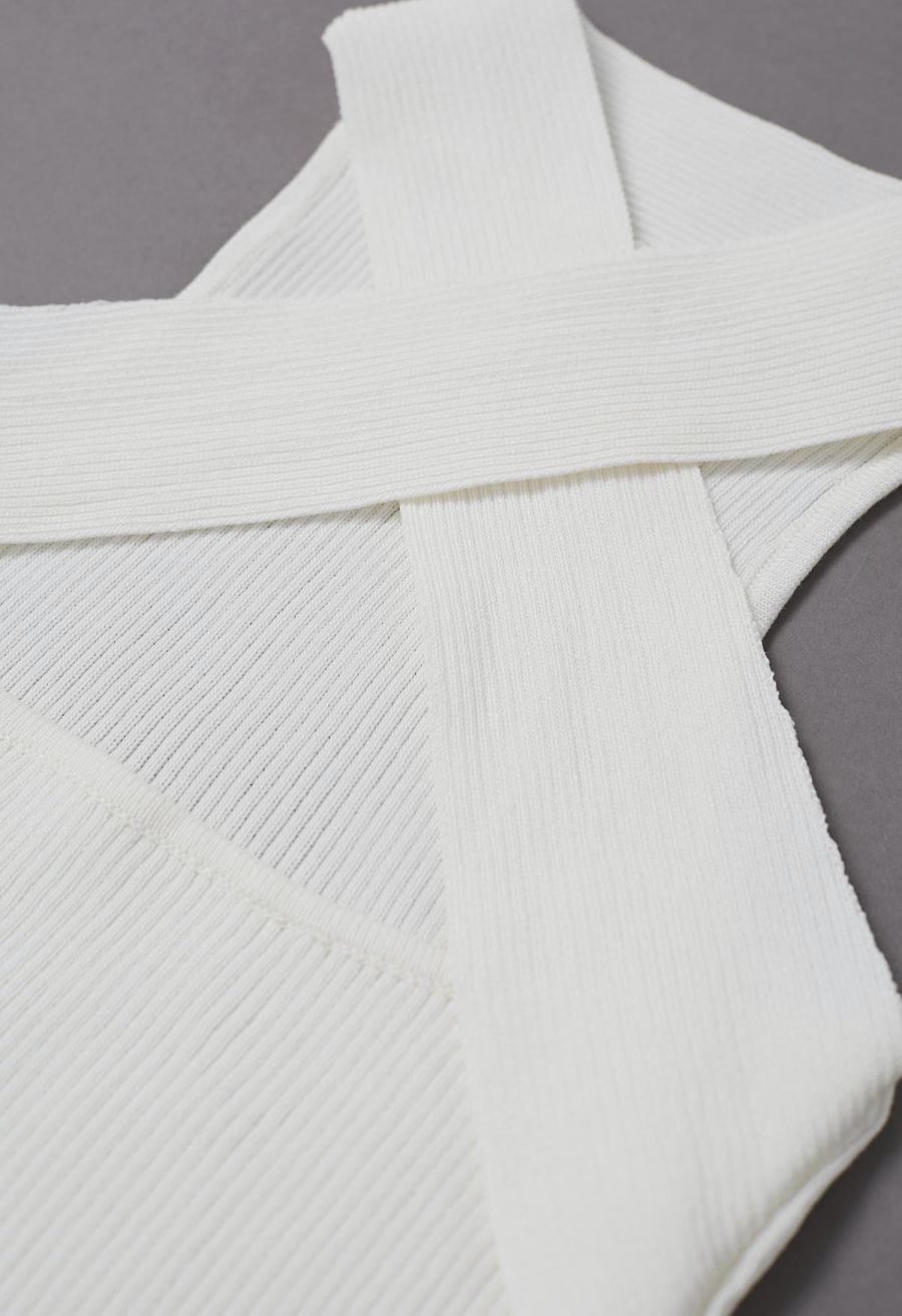 Crisscross Halter Neck Ribbed Knit Top in White