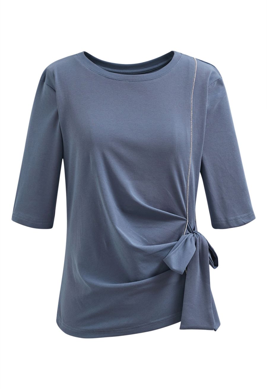 Self-Tie Bowknot Zip Tape Decor Top in Dusty Blue