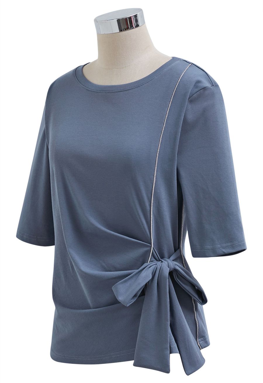 Self-Tie Bowknot Zip Tape Decor Top in Dusty Blue