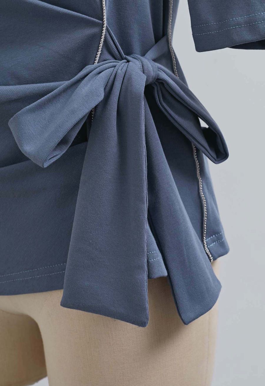 Self-Tie Bowknot Zip Tape Decor Top in Dusty Blue