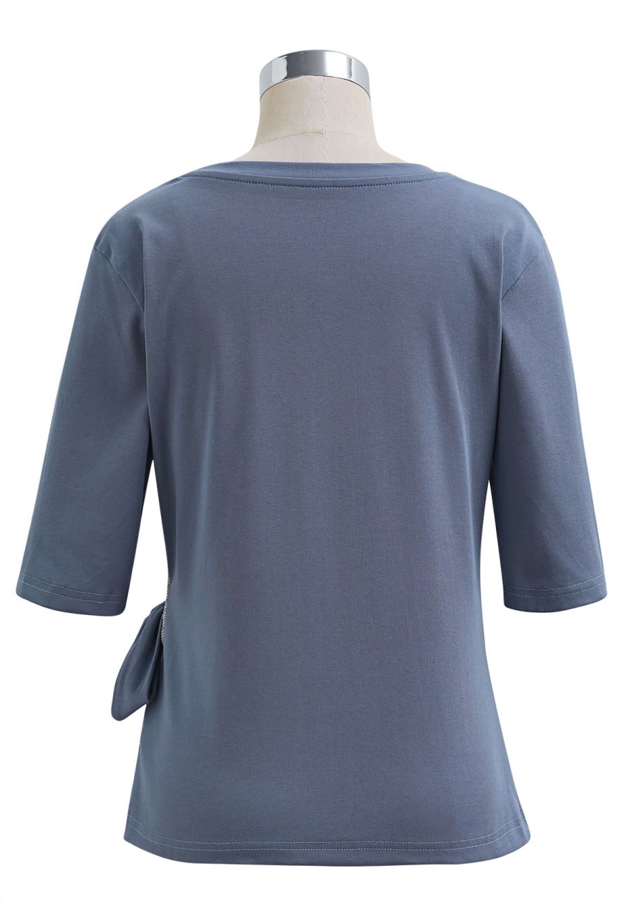 Self-Tie Bowknot Zip Tape Decor Top in Dusty Blue
