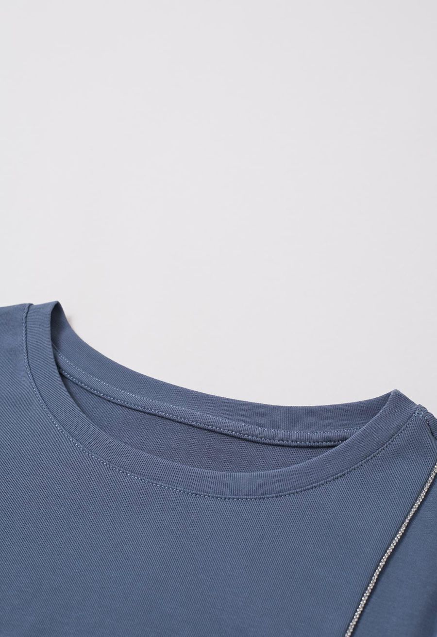 Self-Tie Bowknot Zip Tape Decor Top in Dusty Blue