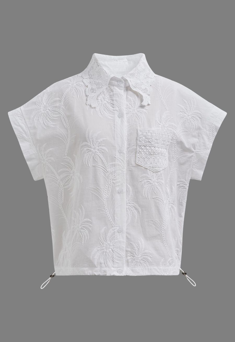 Coconut Tree Embroidered Loose Cotton Shirt in White