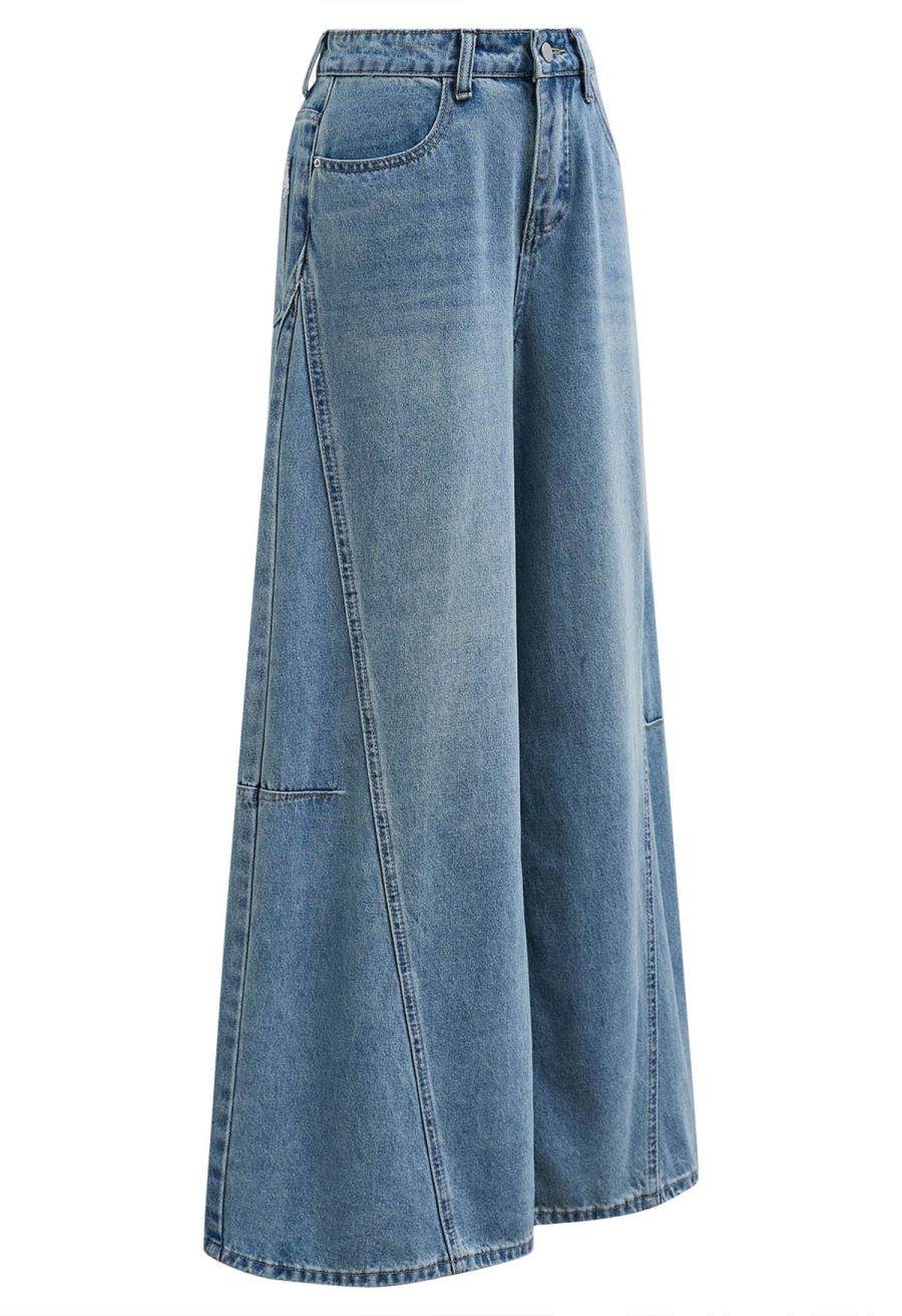 Lace Back Pocket Wide-Leg Seamed Jeans