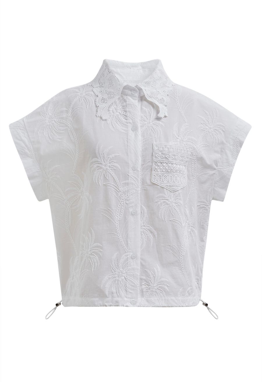 Coconut Tree Embroidered Loose Cotton Shirt in White