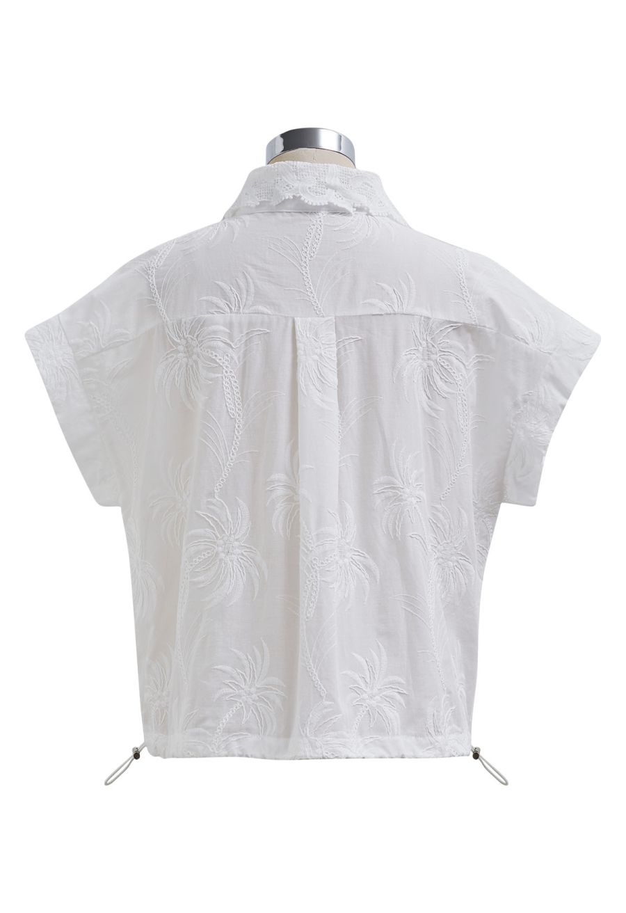 Coconut Tree Embroidered Loose Cotton Shirt in White