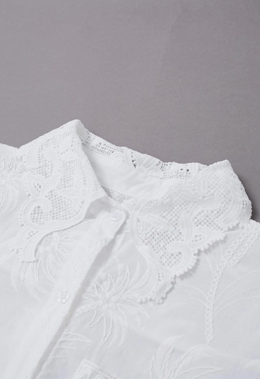 Coconut Tree Embroidered Loose Cotton Shirt in White
