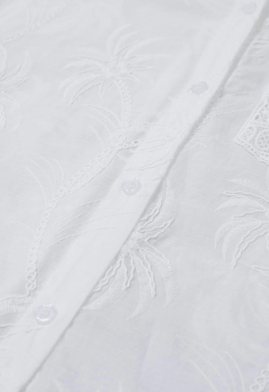 Coconut Tree Embroidered Loose Cotton Shirt in White