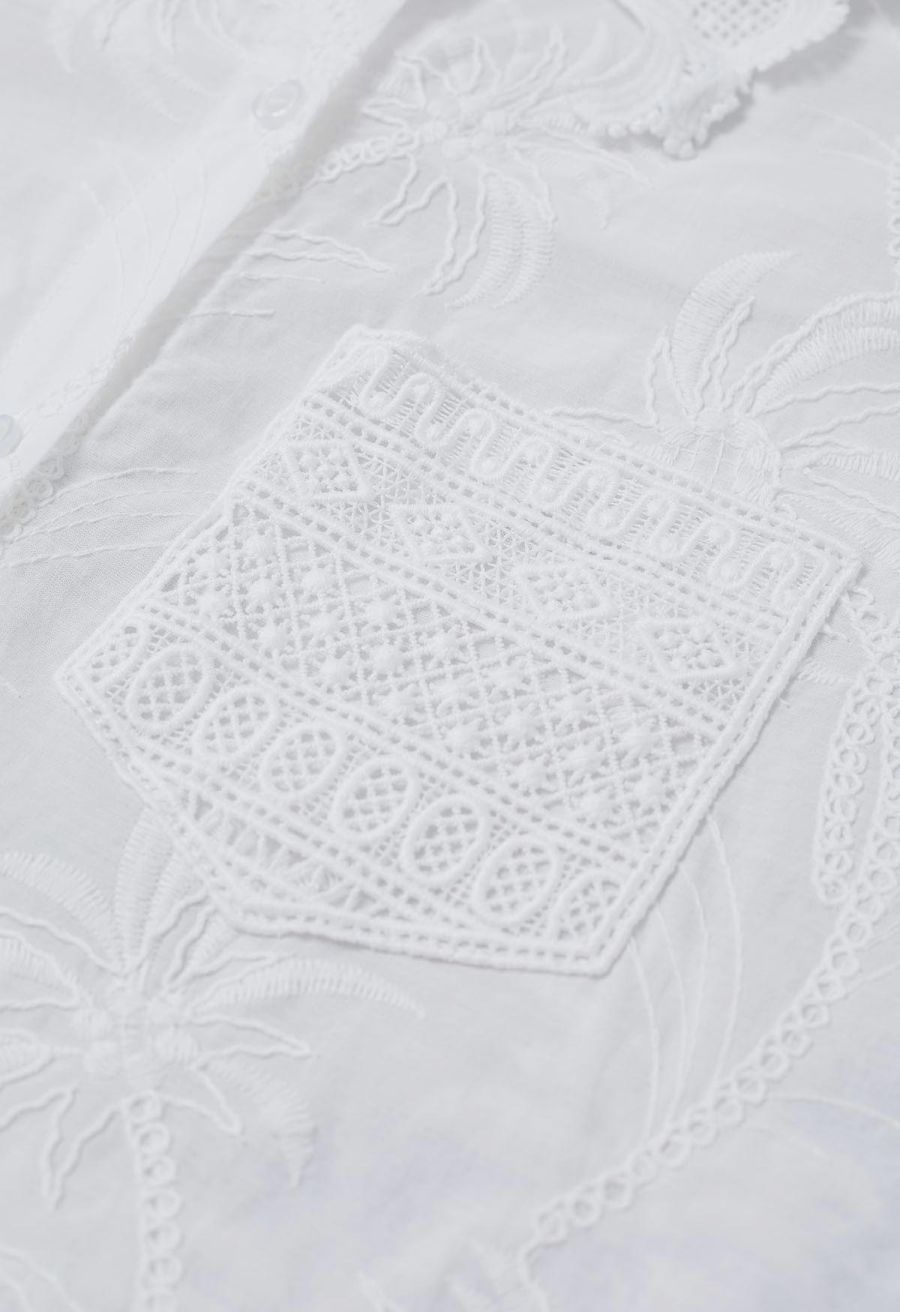 Coconut Tree Embroidered Loose Cotton Shirt in White