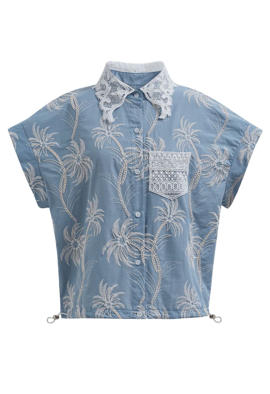 Coconut Tree Embroidered Loose Cotton Shirt in Light Blue