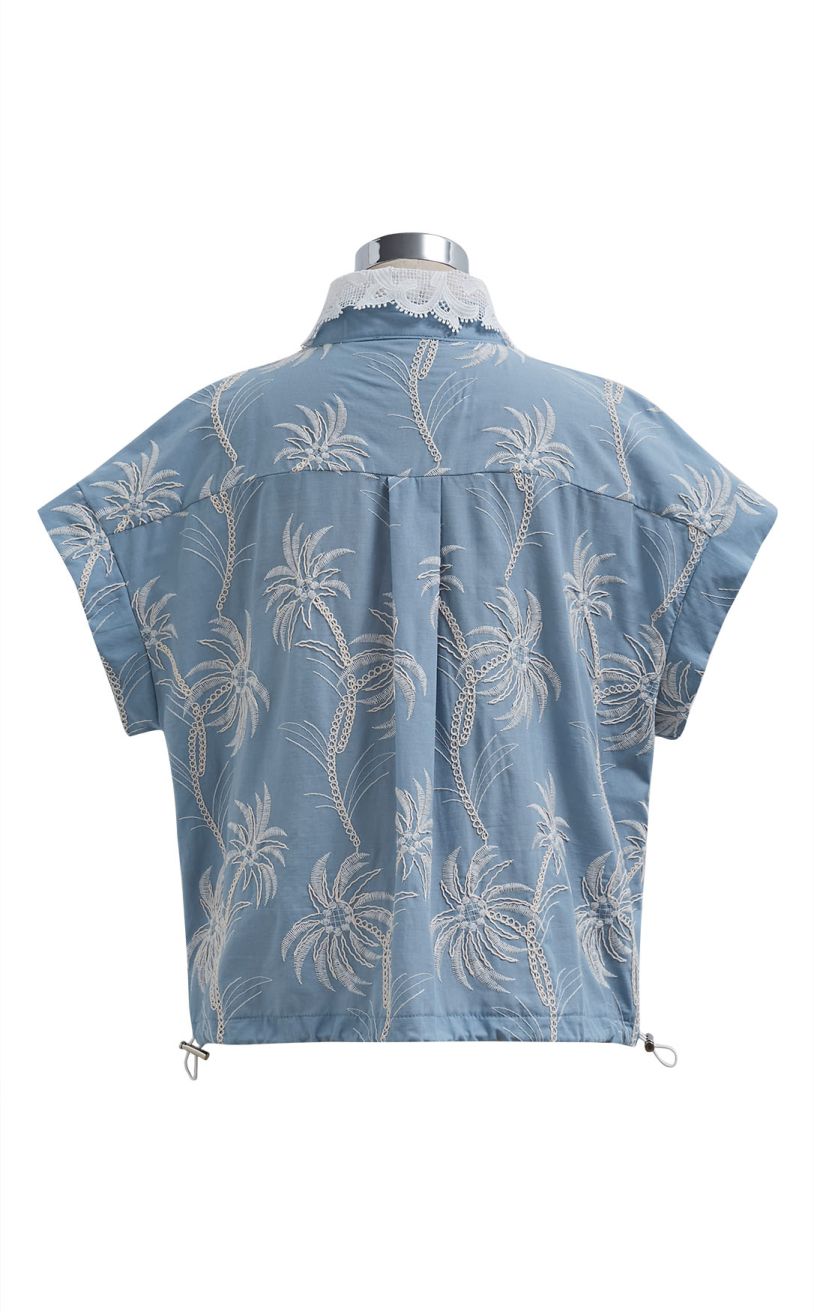 Coconut Tree Embroidered Loose Cotton Shirt in Light Blue