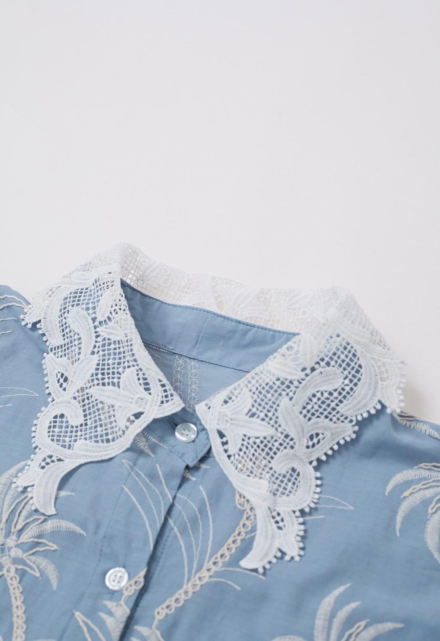 Coconut Tree Embroidered Loose Cotton Shirt in Light Blue