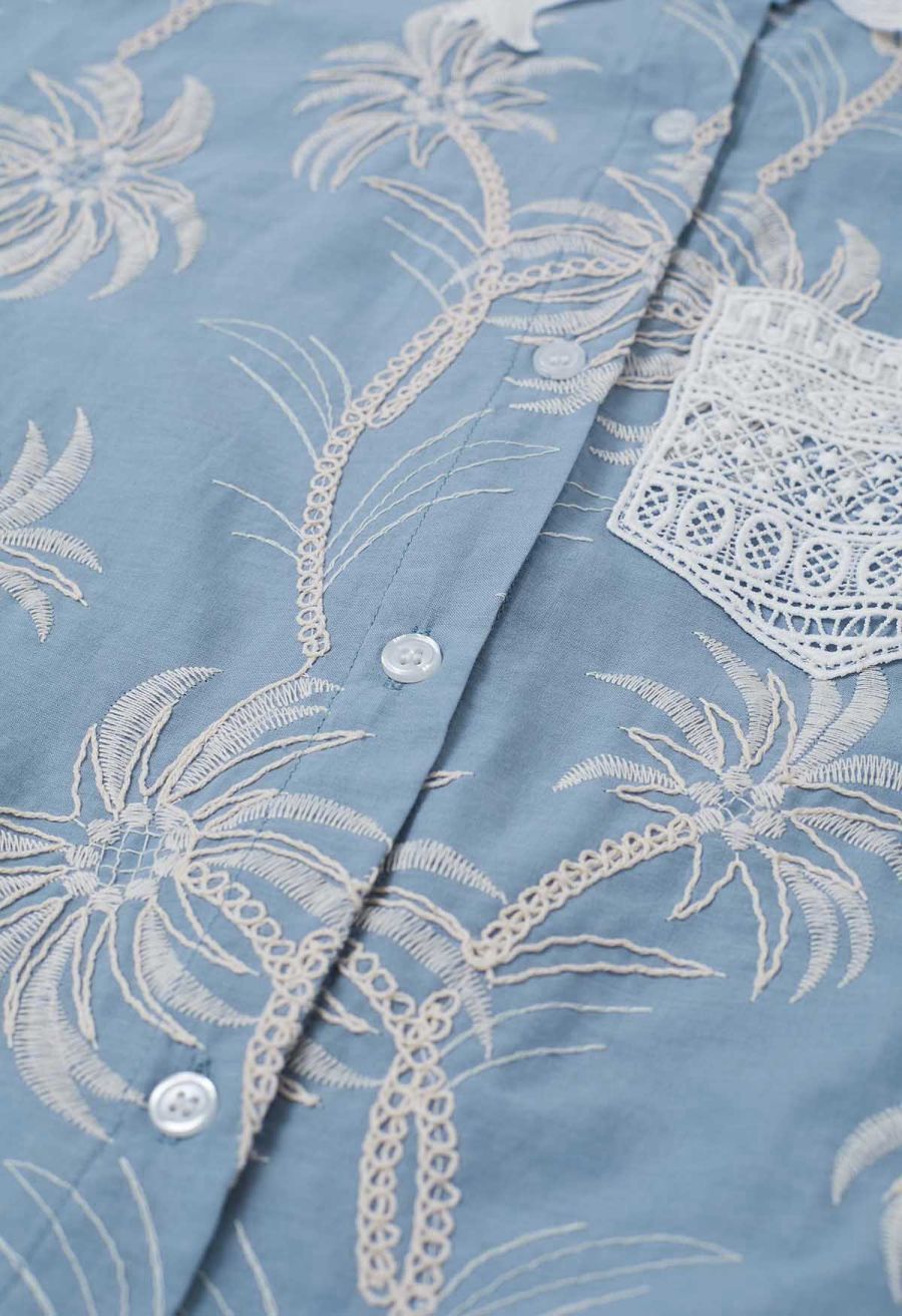Coconut Tree Embroidered Loose Cotton Shirt in Light Blue