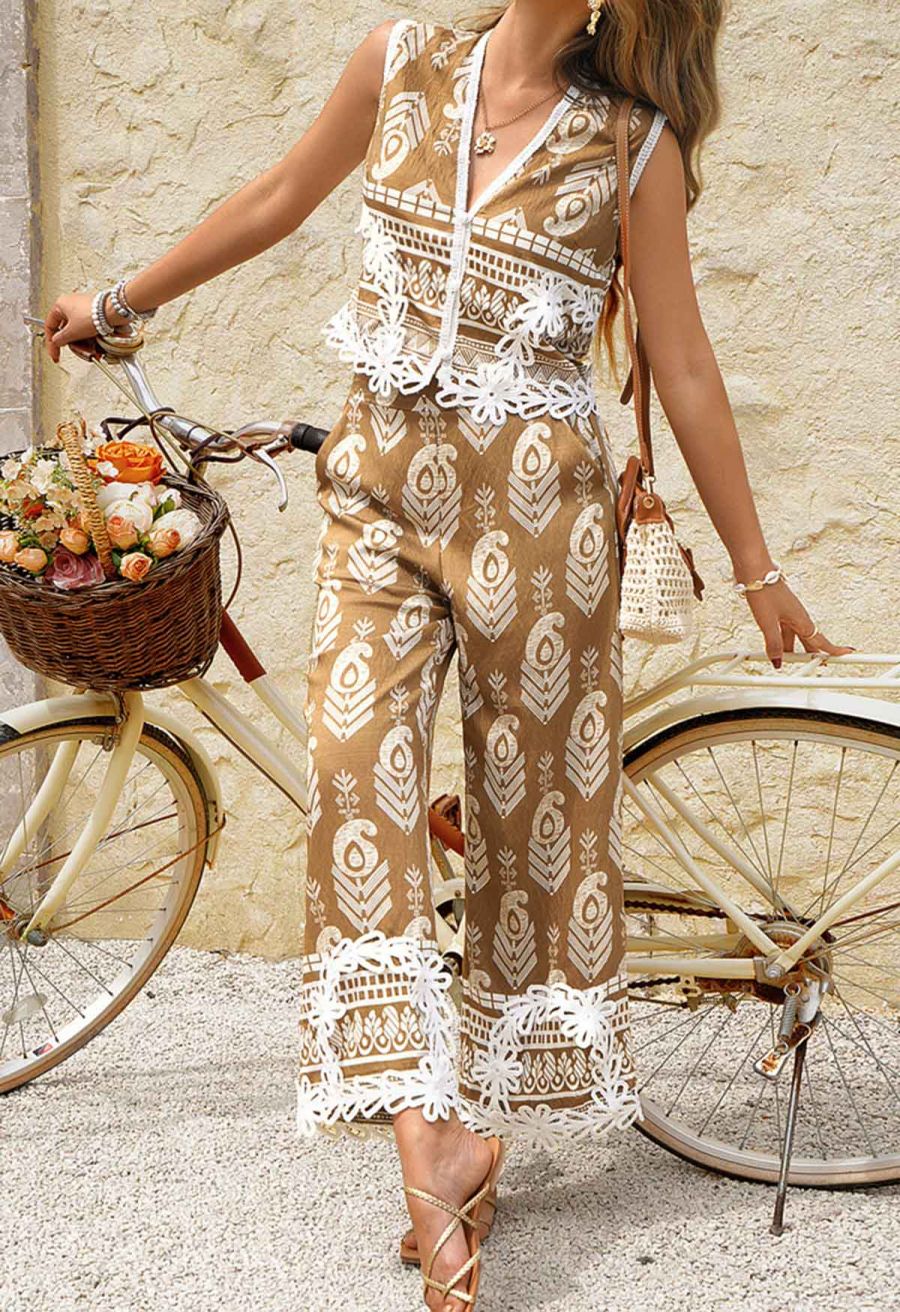 Tapework Lace Paisley Printed Sleeveless Top and Pants Set in Tan