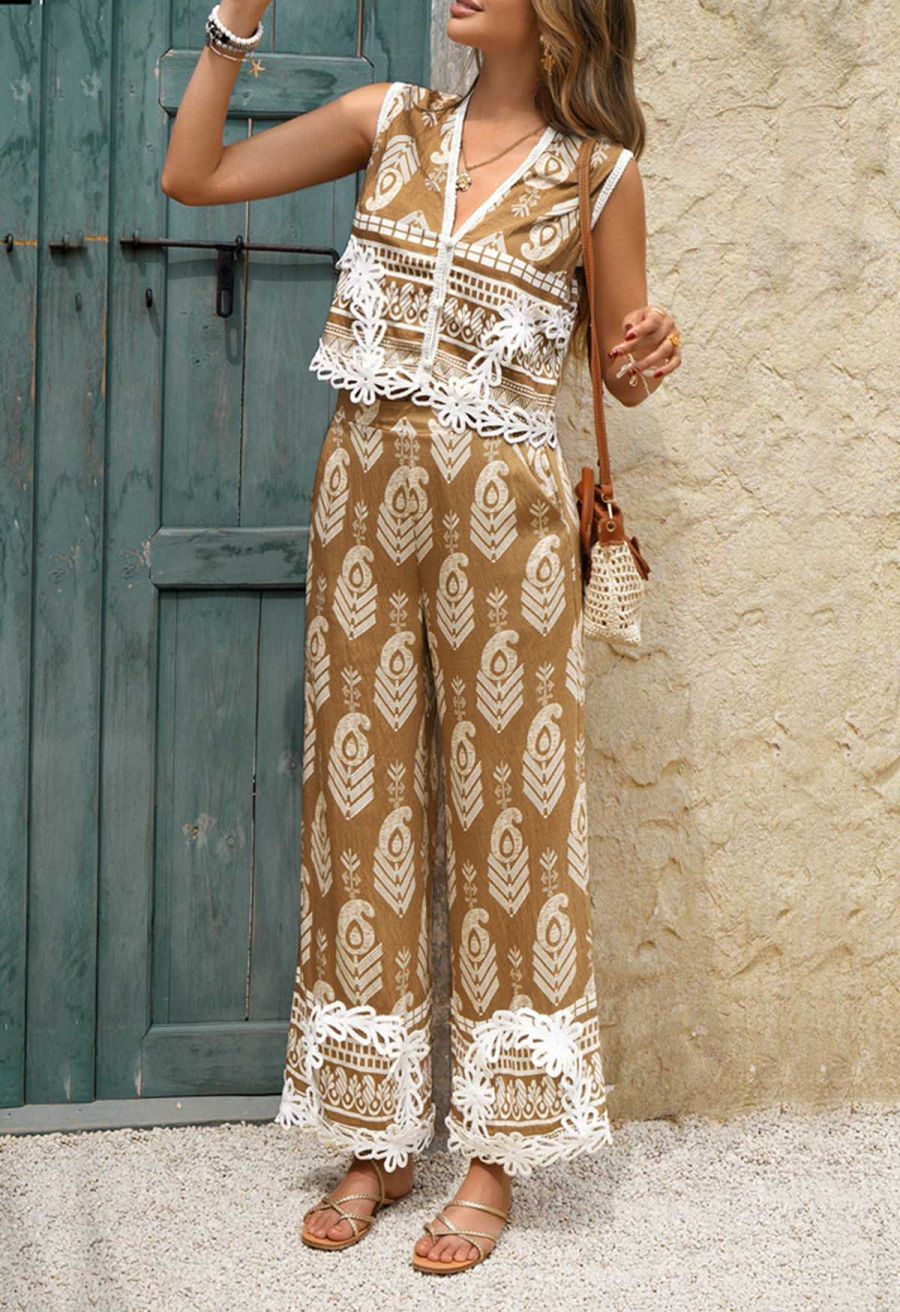 Tapework Lace Paisley Printed Sleeveless Top and Pants Set in Tan