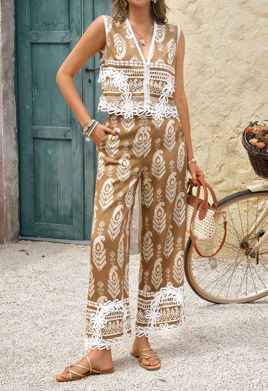 Tapework Lace Paisley Printed Sleeveless Top and Pants Set in Tan