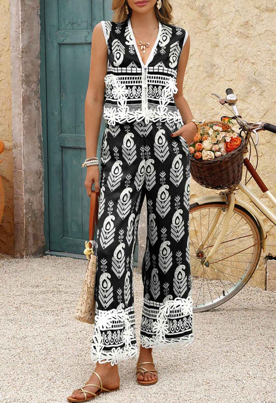Tapework Lace Paisley Printed Sleeveless Top and Pants Set in Black