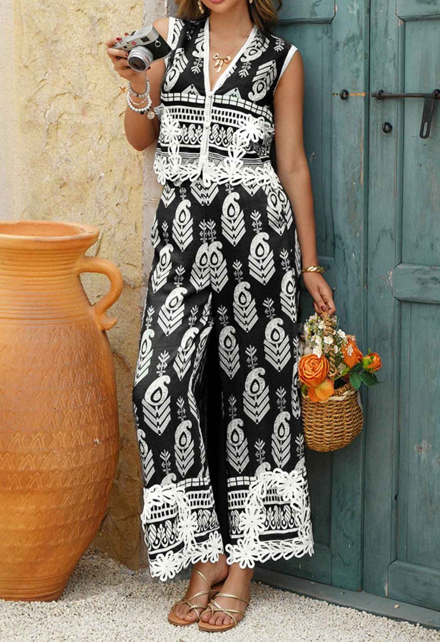 Tapework Lace Paisley Printed Sleeveless Top and Pants Set in Black