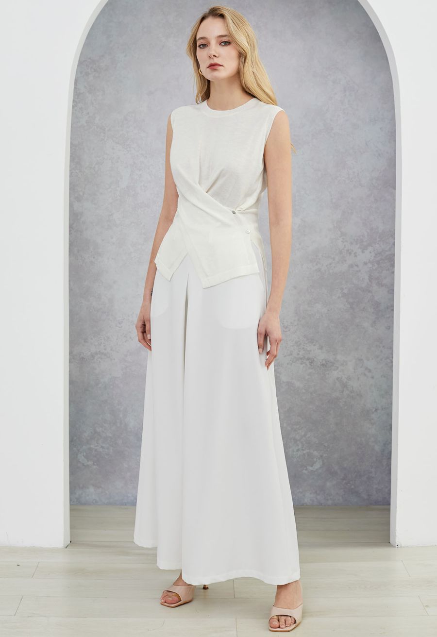 Folded Front Accent Wide-Leg Pants in White