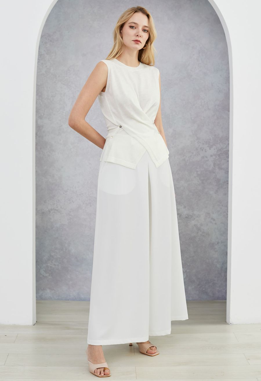 Folded Front Accent Wide-Leg Pants in White