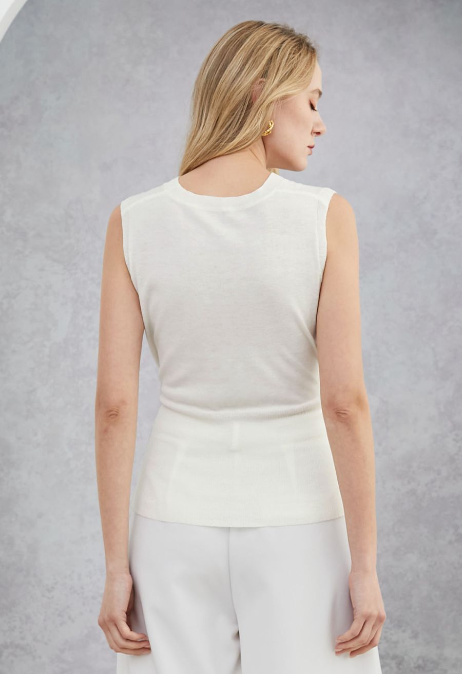 Crisscross Buttoned Waist Sleeveless Knit Top in White