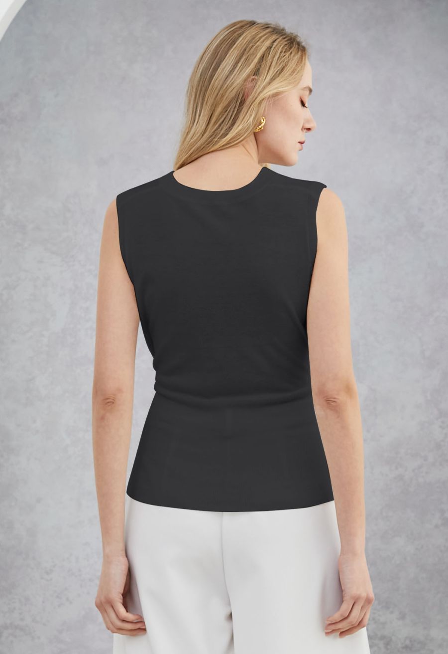 Crisscross Buttoned Waist Sleeveless Knit Top in Black