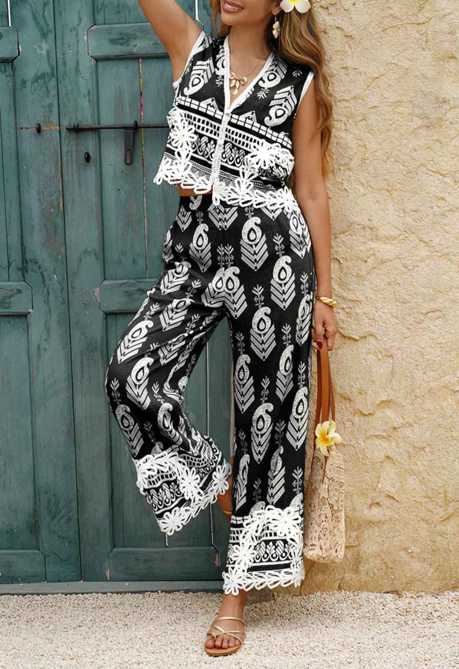 Tapework Lace Paisley Printed Sleeveless Top and Pants Set in Black