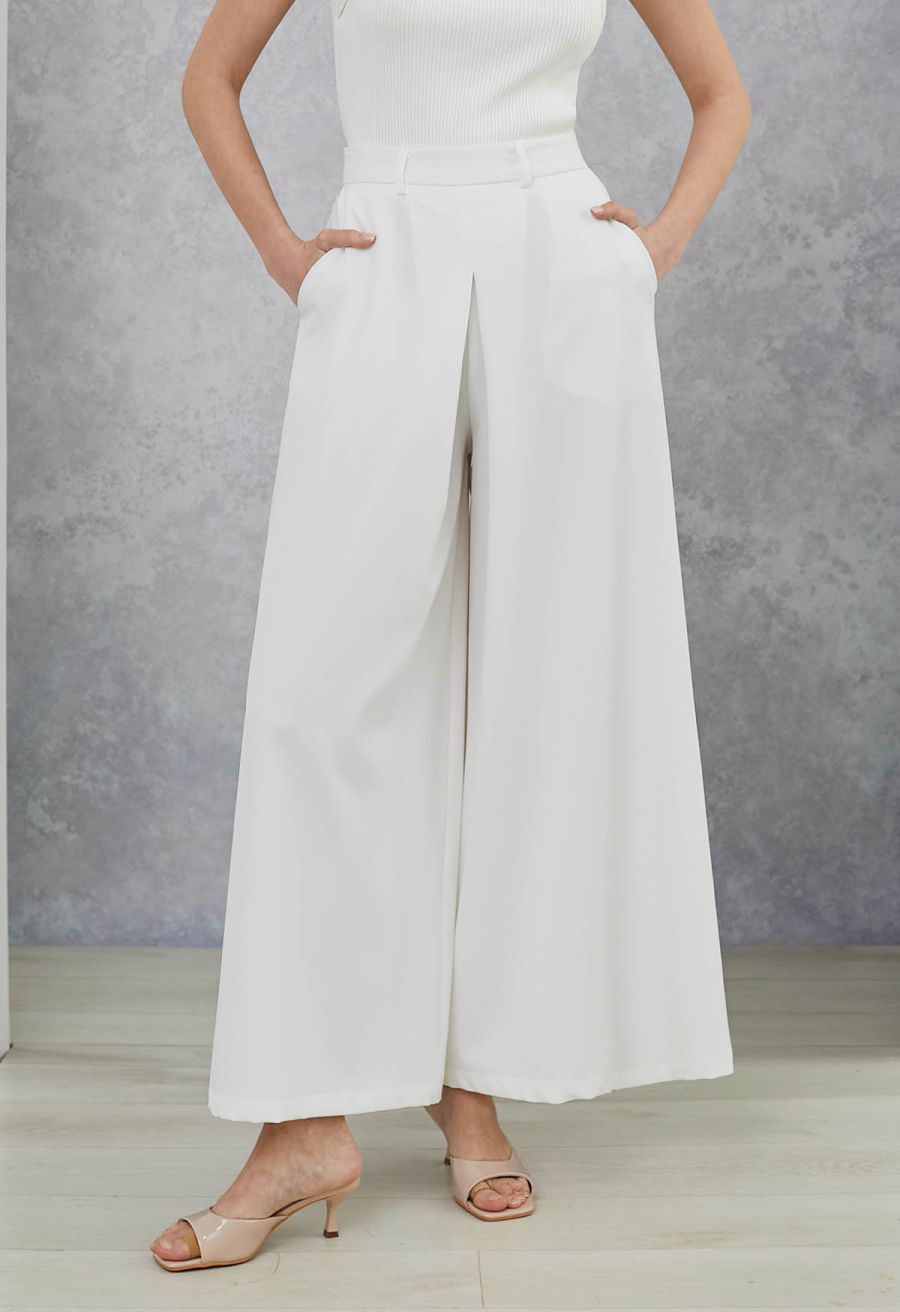 Folded Front Accent Wide-Leg Pants in White