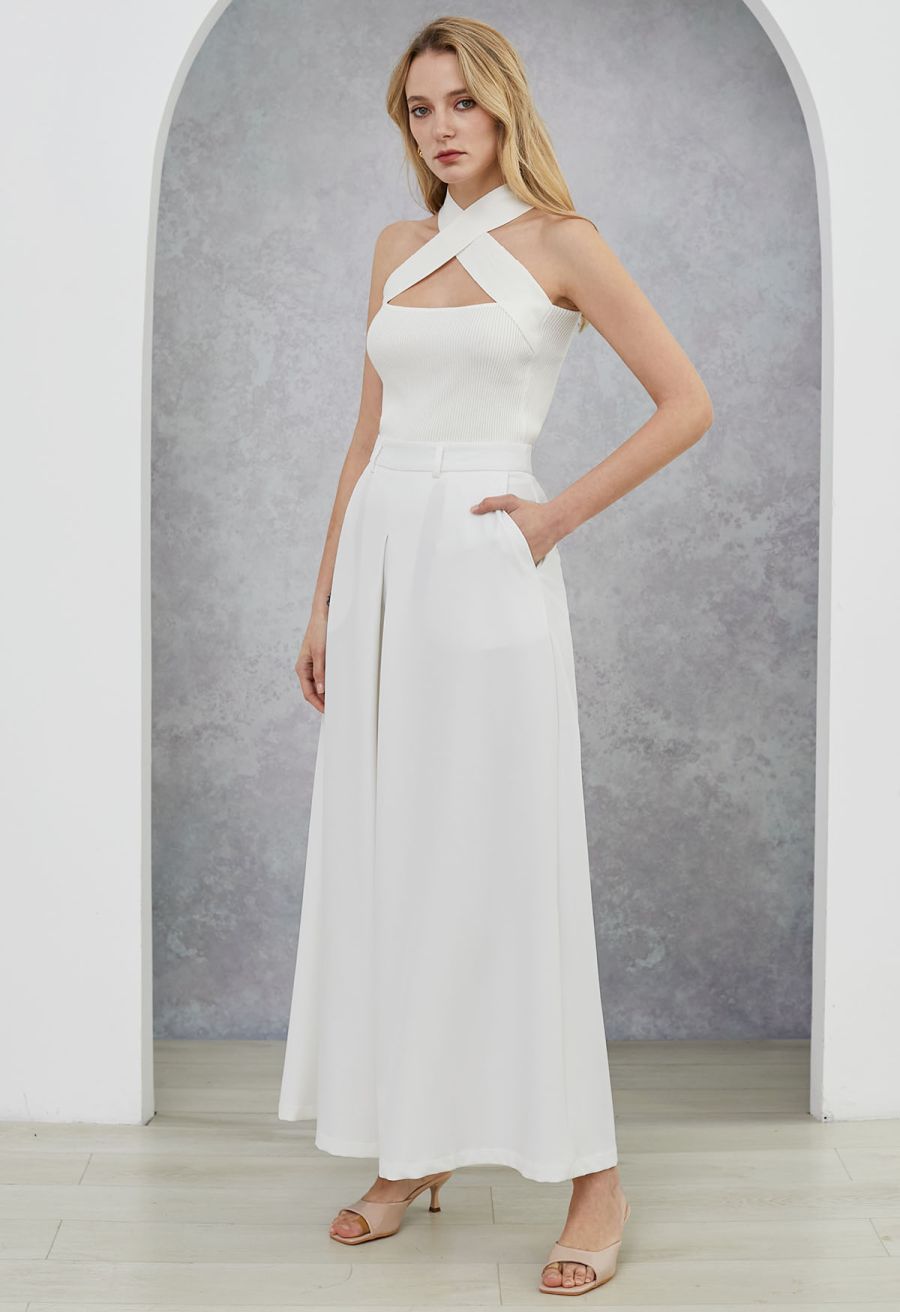 Folded Front Accent Wide-Leg Pants in White
