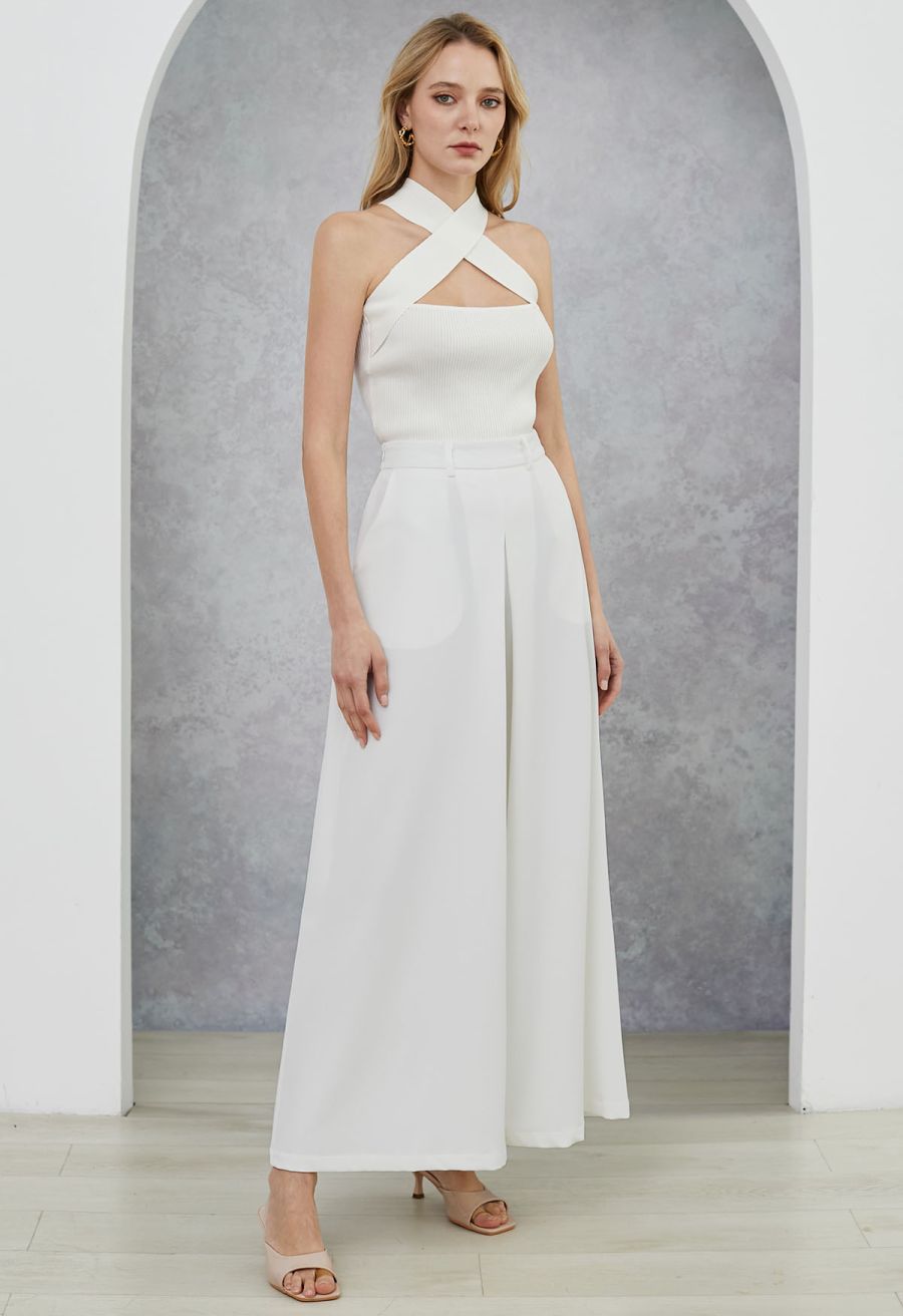 Folded Front Accent Wide-Leg Pants in White