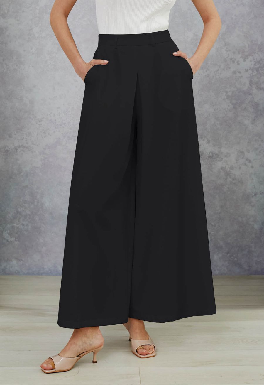 Folded Front Accent Wide-Leg Pants in Black