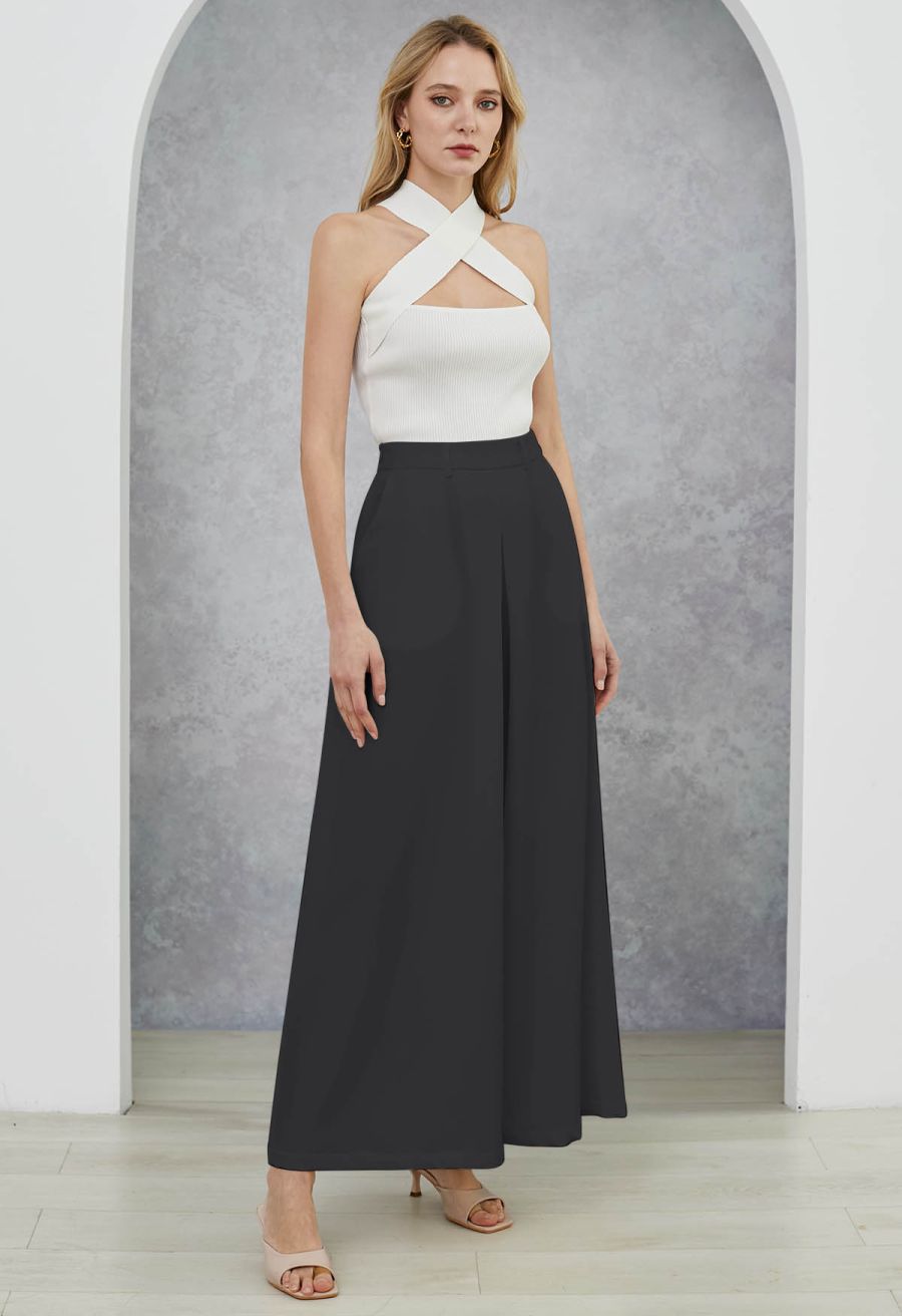 Folded Front Accent Wide-Leg Pants in Black