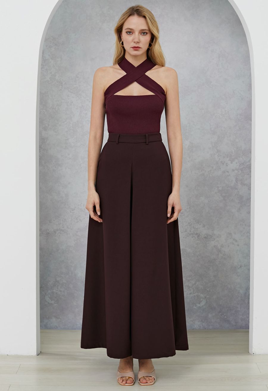 Folded Front Accent Wide-Leg Pants in Burgundy