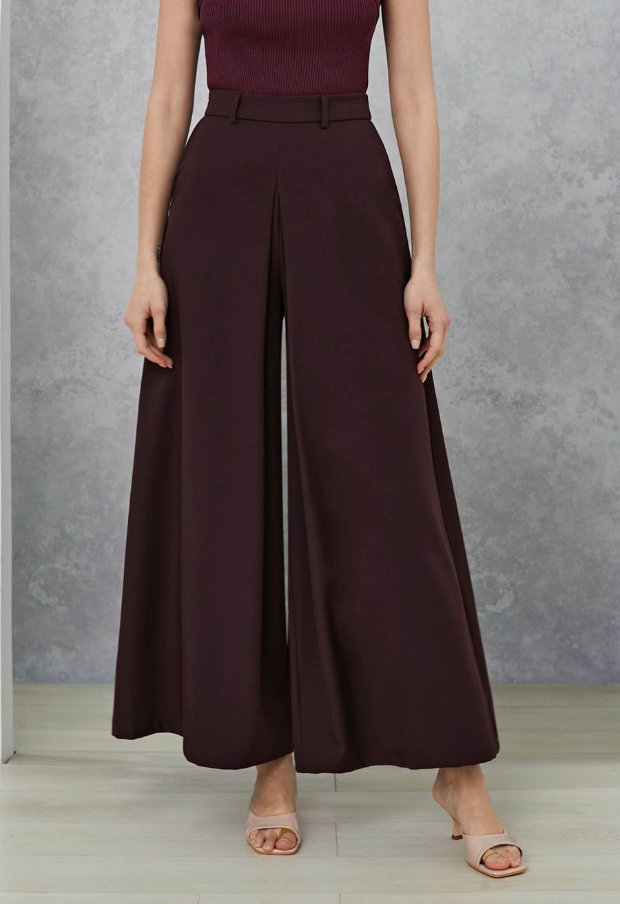 Folded Front Accent Wide-Leg Pants in Burgundy