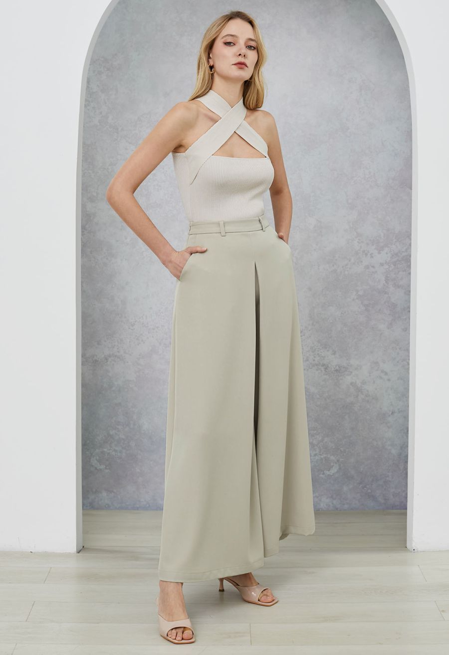 Folded Front Accent Wide-Leg Pants in Sage