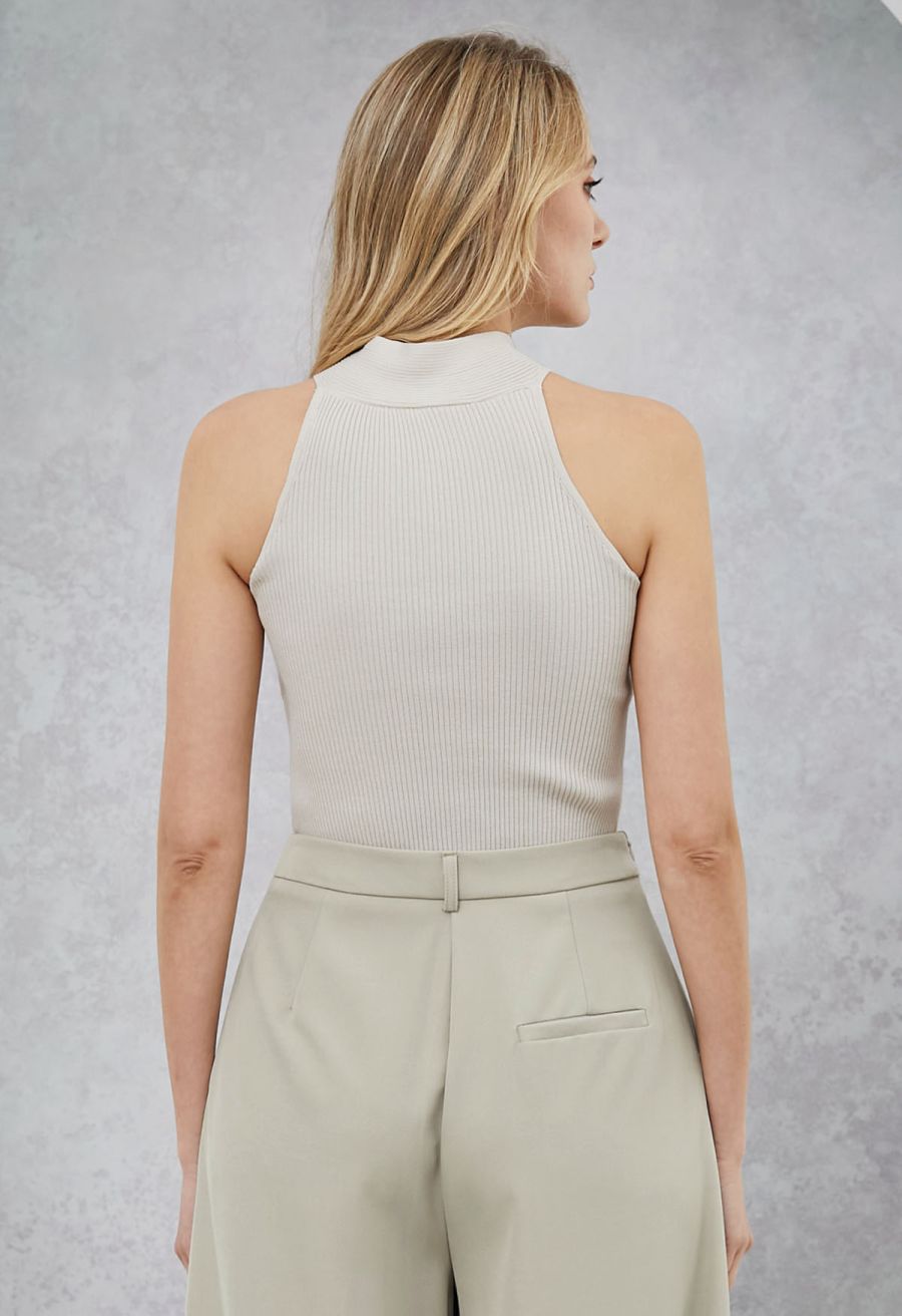 Crisscross Halter Neck Ribbed Knit Top in Cream