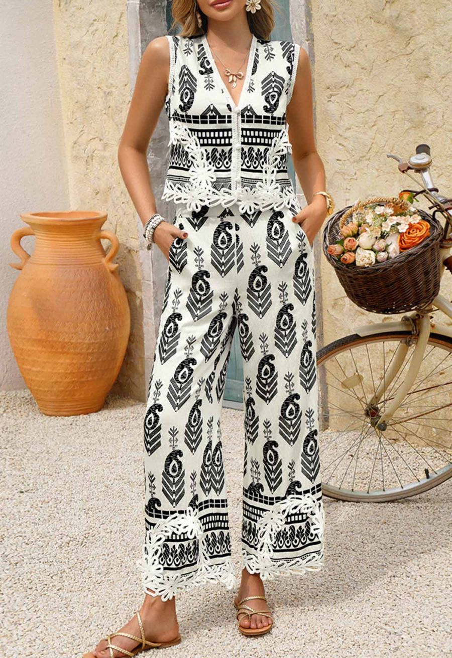 Tapework Lace Paisley Printed Sleeveless Top and Pants Set in White
