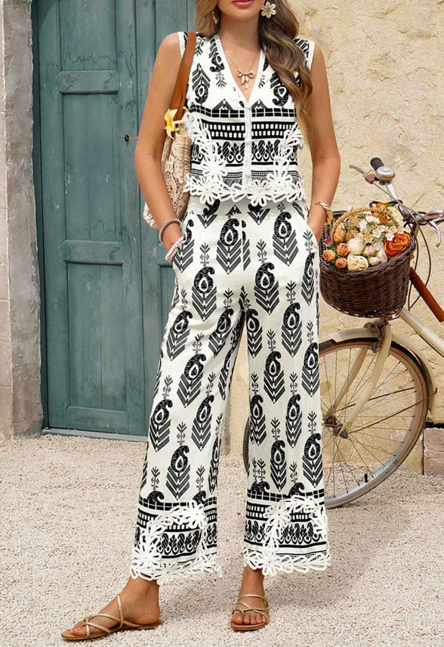 Tapework Lace Paisley Printed Sleeveless Top and Pants Set in White