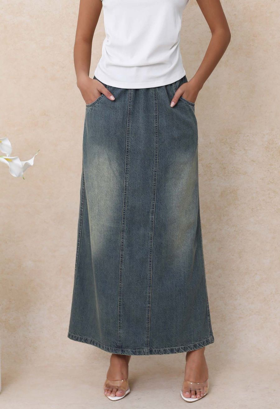 Seamed Vintage-Wash Denim Maxi Skirt