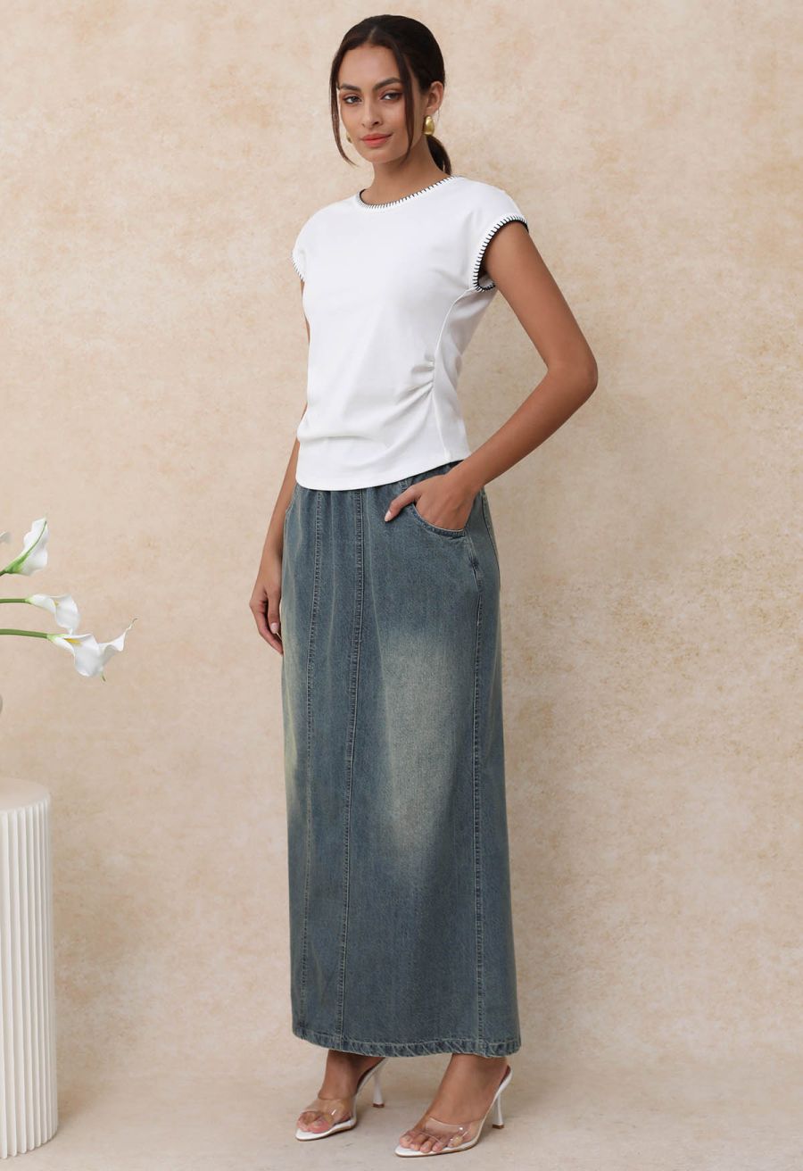 Whipstitch-Trimmed Ruched Side Top in White