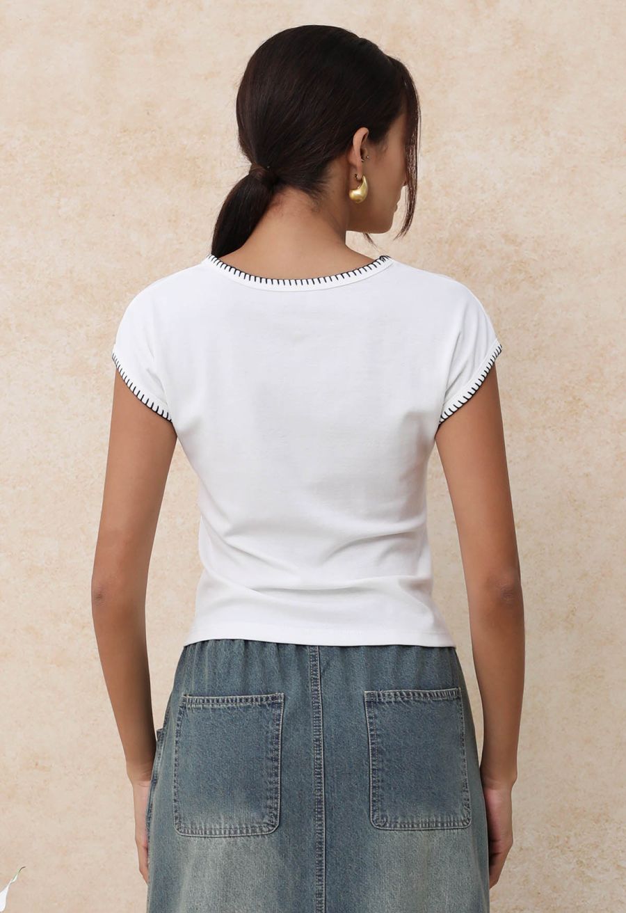 Whipstitch-Trimmed Ruched Side Top in White